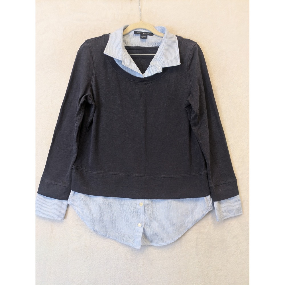 Tommy Hilfiger Women S Gray Sweatshirt Light Blue Collared Shirt
